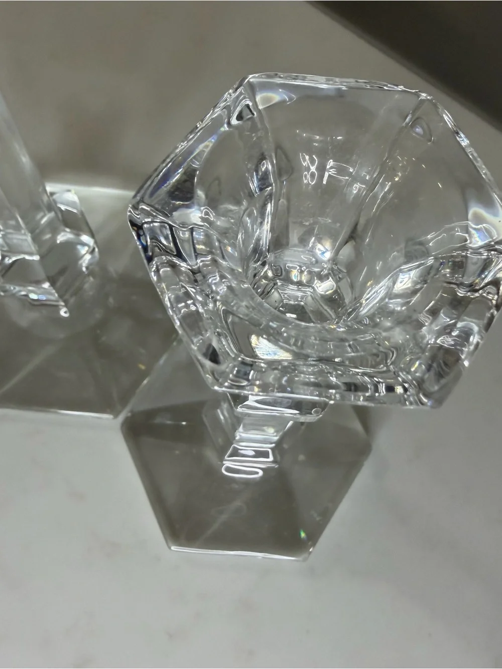 Clear Hexagonal Glass Candlestick Holders - Set of 2